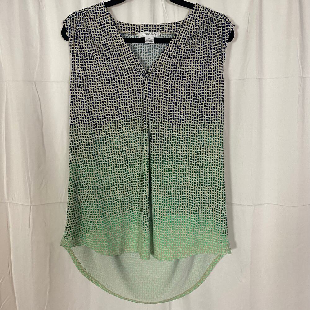 Liz Claiborne XL Sleeveless High-Low Hem Blouse Green Ombre Polka Dot Print